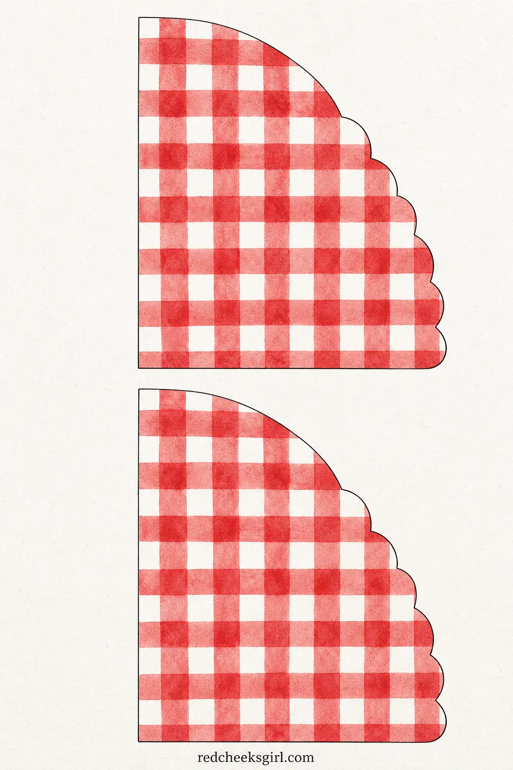 Red Gingham Bunting printable sheet — A scalloped half circle flag rather than the usual point, filled edge to edge with a classic red gingham check. Christmas