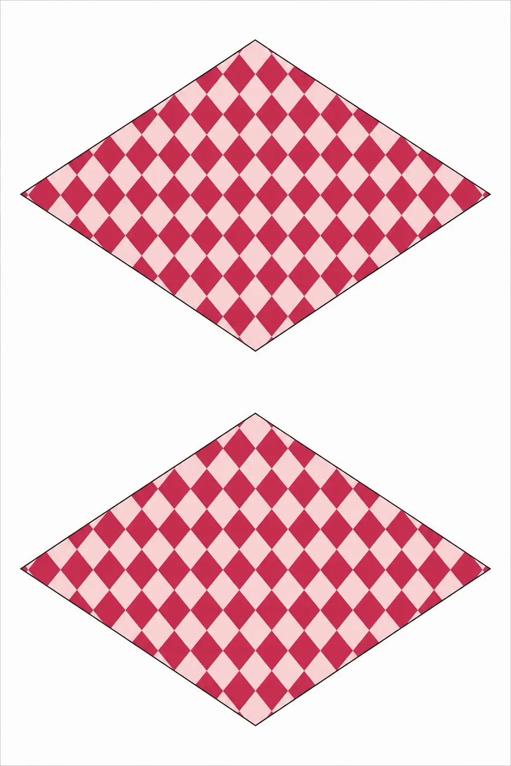 Red and Pink Harlequin Diamonds Bunting printable sheet — Each flag is a single large diamond, rotated on its point, filled edge to edge with a smaller