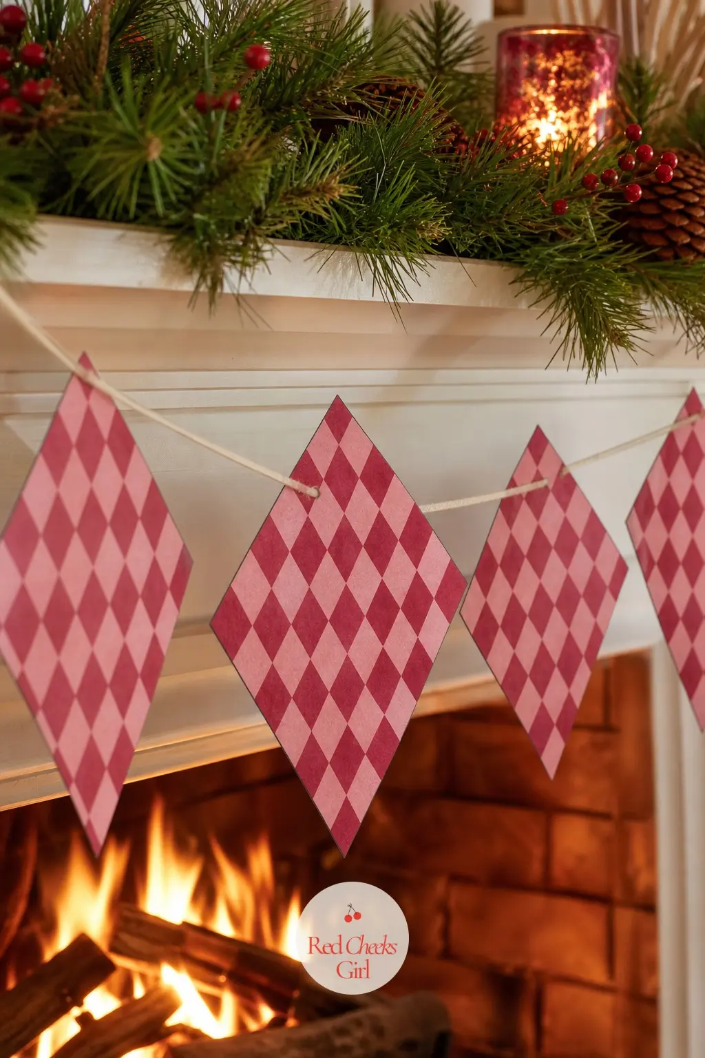 Red and Pink Harlequin Diamonds Bunting — Each flag is a single large diamond, rotated on its point, filled edge to edge with a smaller checkerboard of