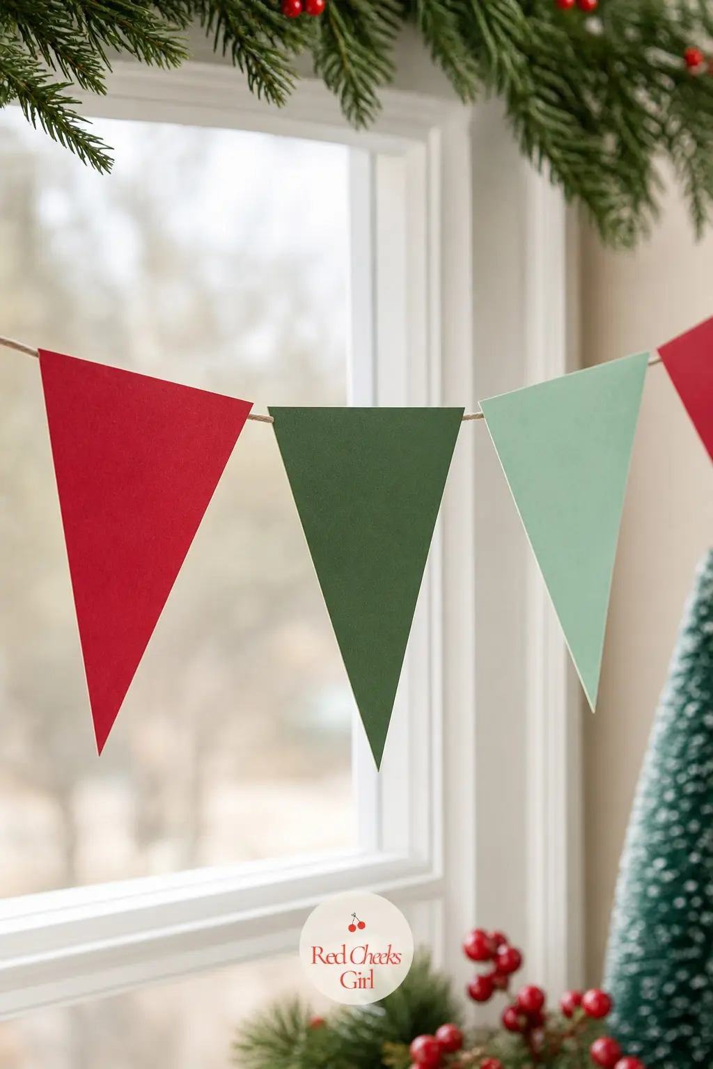 Solid Red, Green and Mint Mix Bunting — No pattern at all, just classic triangle pennants in three flat colours: cranberry red, forest green and a soft mint