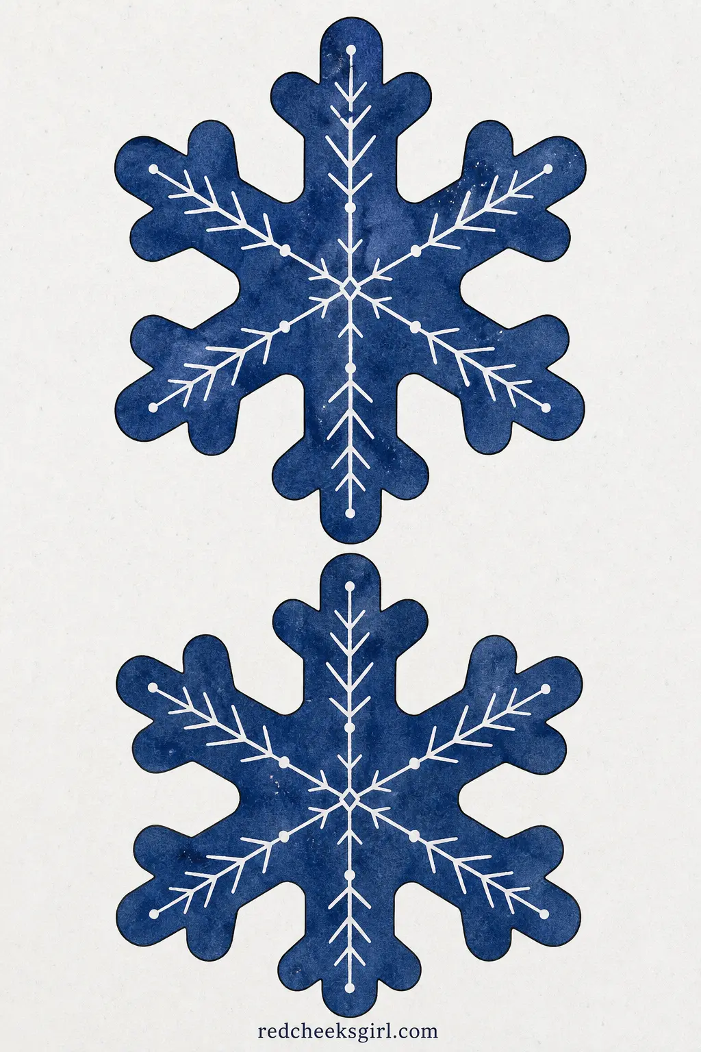 White Snowflakes on Navy Bunting printable sheet — The flag itself is cut into a six armed snowflake silhouette rather than a triangle, in deep navy card with