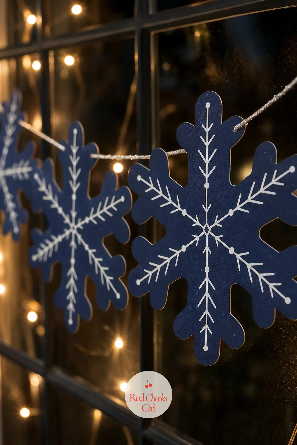 White Snowflakes on Navy Bunting — The flag itself is cut into a six armed snowflake silhouette rather than a triangle, in deep navy card with a finer white