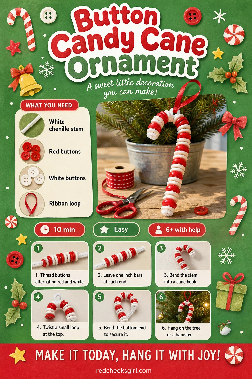 Button Candy Cane Ornament Craft Card printable sheet — Button Candy Cane Ornament printable craft card with photo, materials and steps. Christmas button crafts
