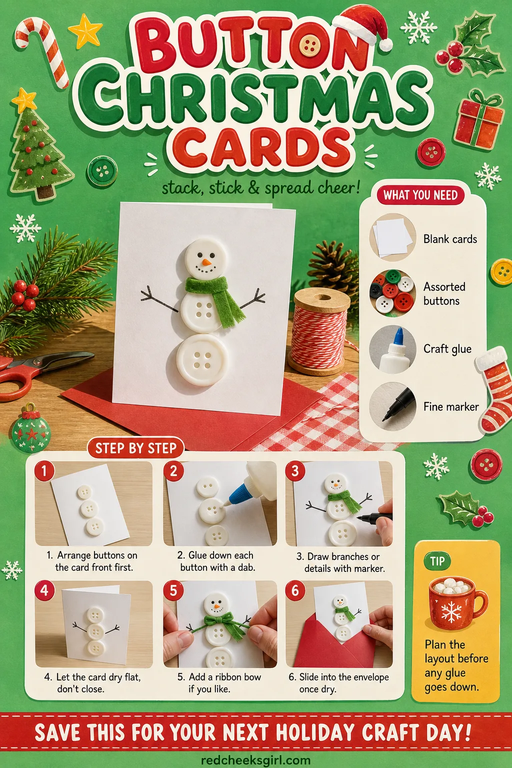 Button Christmas Cards Craft Card printable sheet — Button Christmas Cards printable craft card with photo, materials and steps. Christmas button crafts