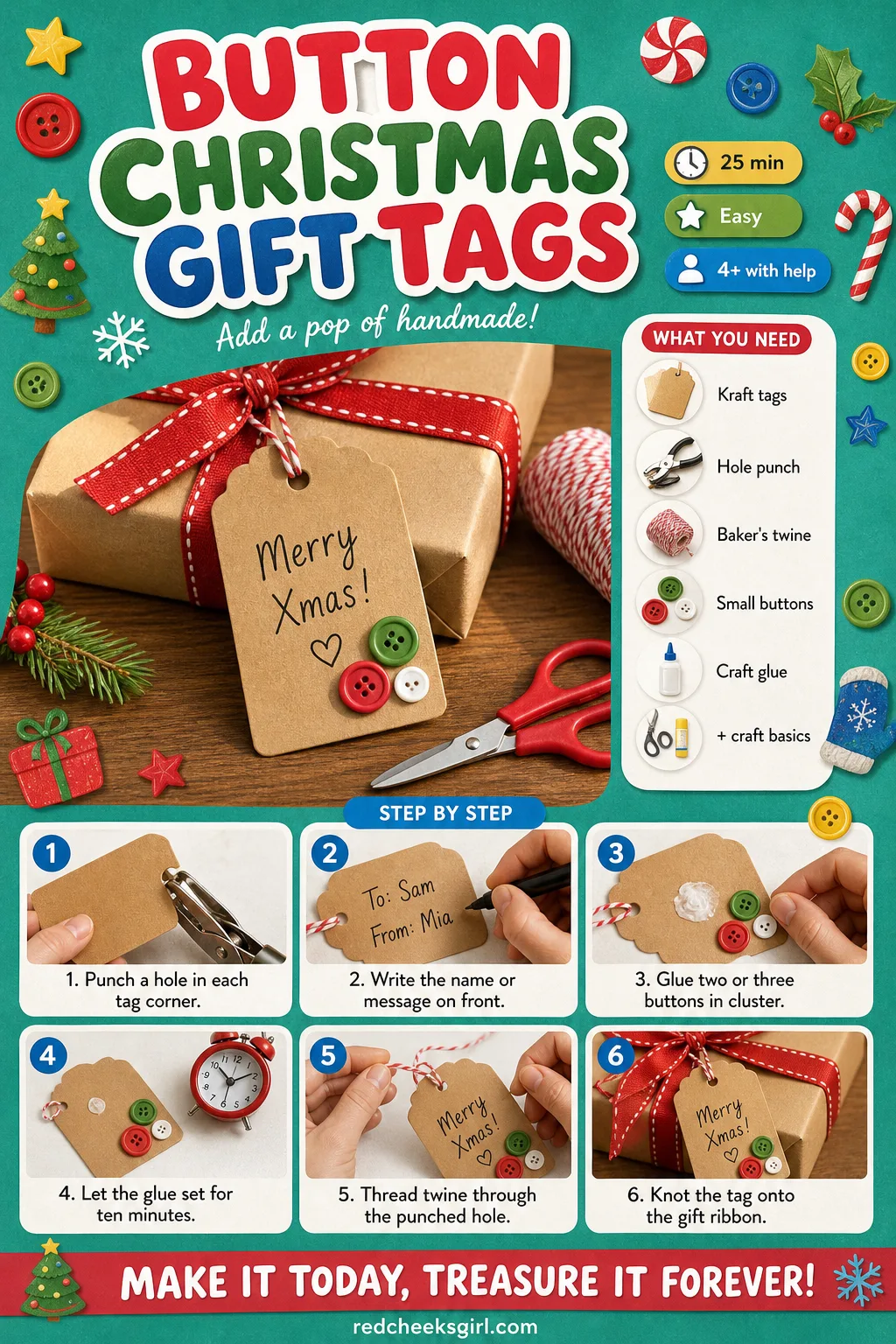Button Christmas Gift Tags Craft Card printable sheet — Button Christmas Gift Tags printable craft card with photo, materials and steps. Christmas button crafts