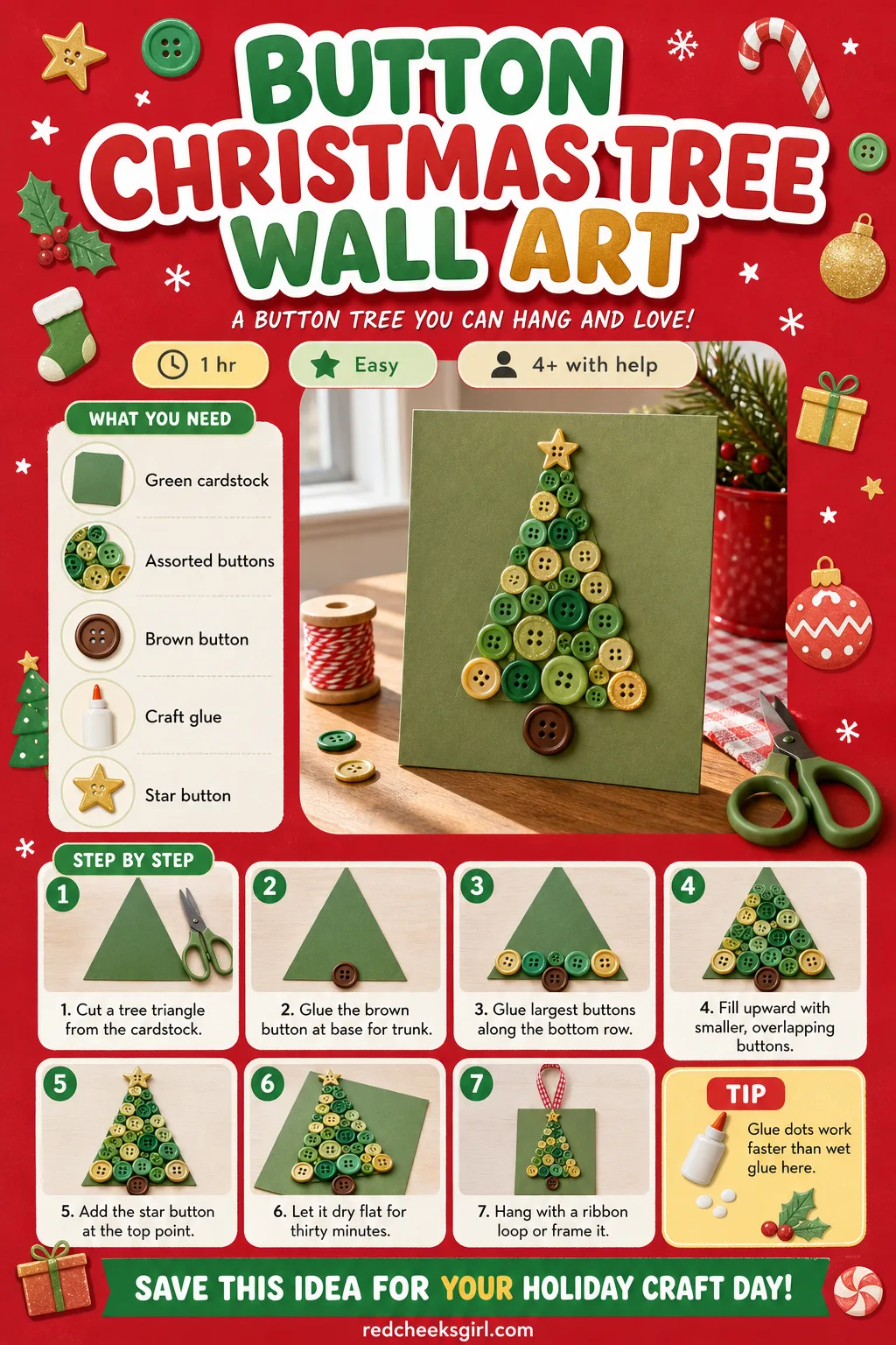 Button Christmas Tree Wall Art Craft Card printable sheet — Button Christmas Tree Wall Art printable craft card with photo, materials and steps. Christmas