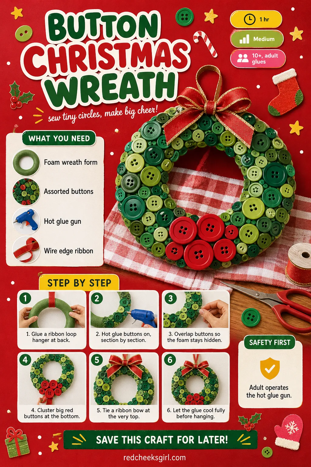 Button Christmas Wreath Craft Card printable sheet — Button Christmas Wreath printable craft card with photo, materials and steps. Christmas button crafts