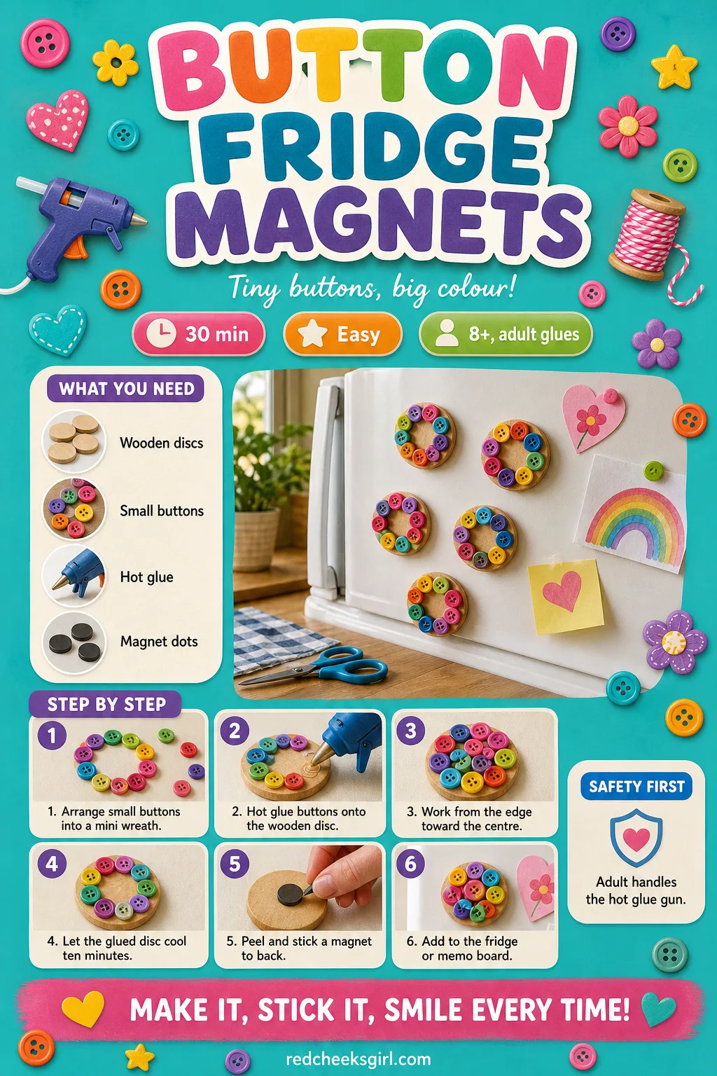 Button Fridge Magnets Craft Card printable sheet — Button Fridge Magnets printable craft card with photo, materials and steps. Christmas button crafts