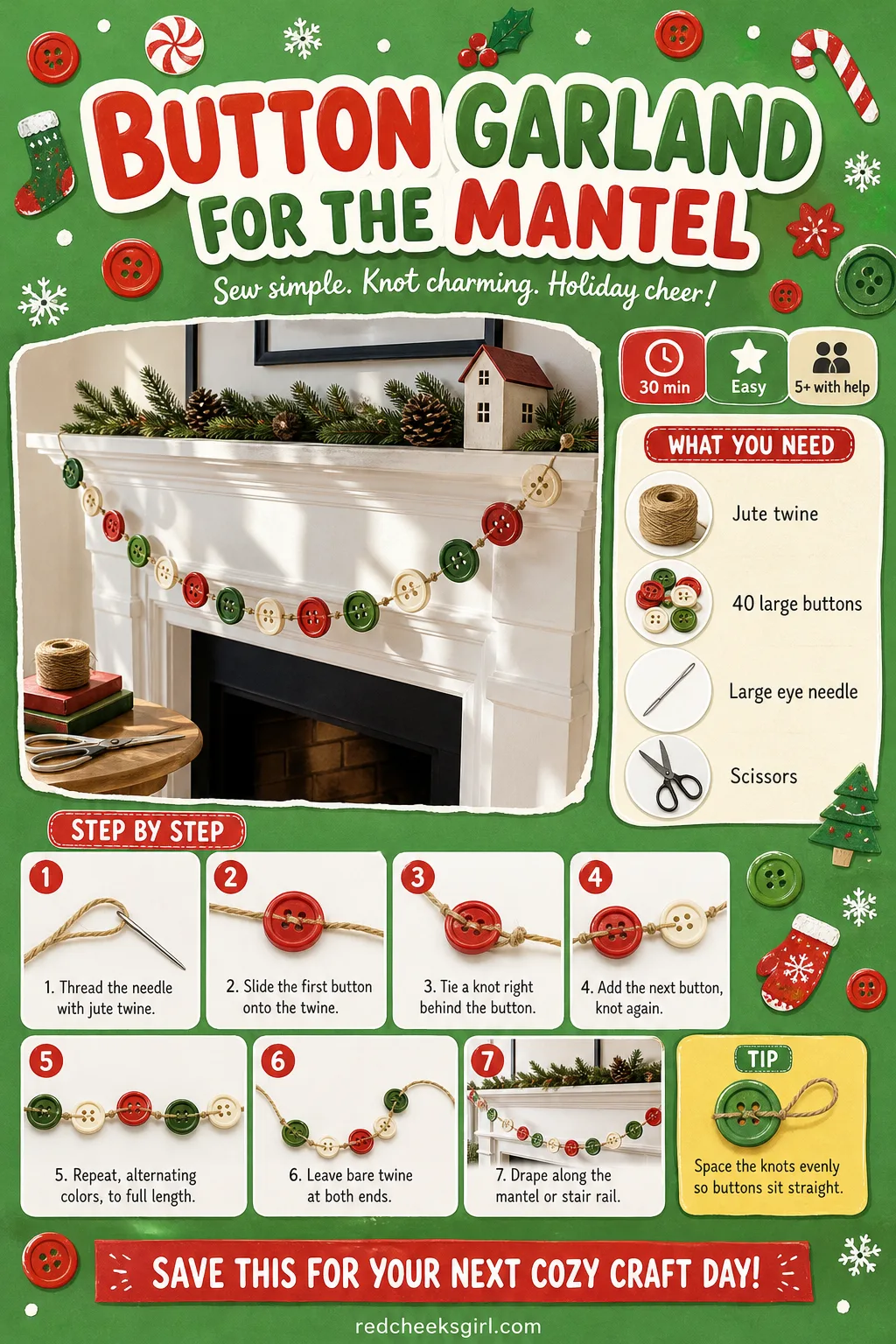 Button Garland for the Mantel Craft Card printable sheet — Button Garland for the Mantel printable craft card with photo, materials and steps. Christmas button