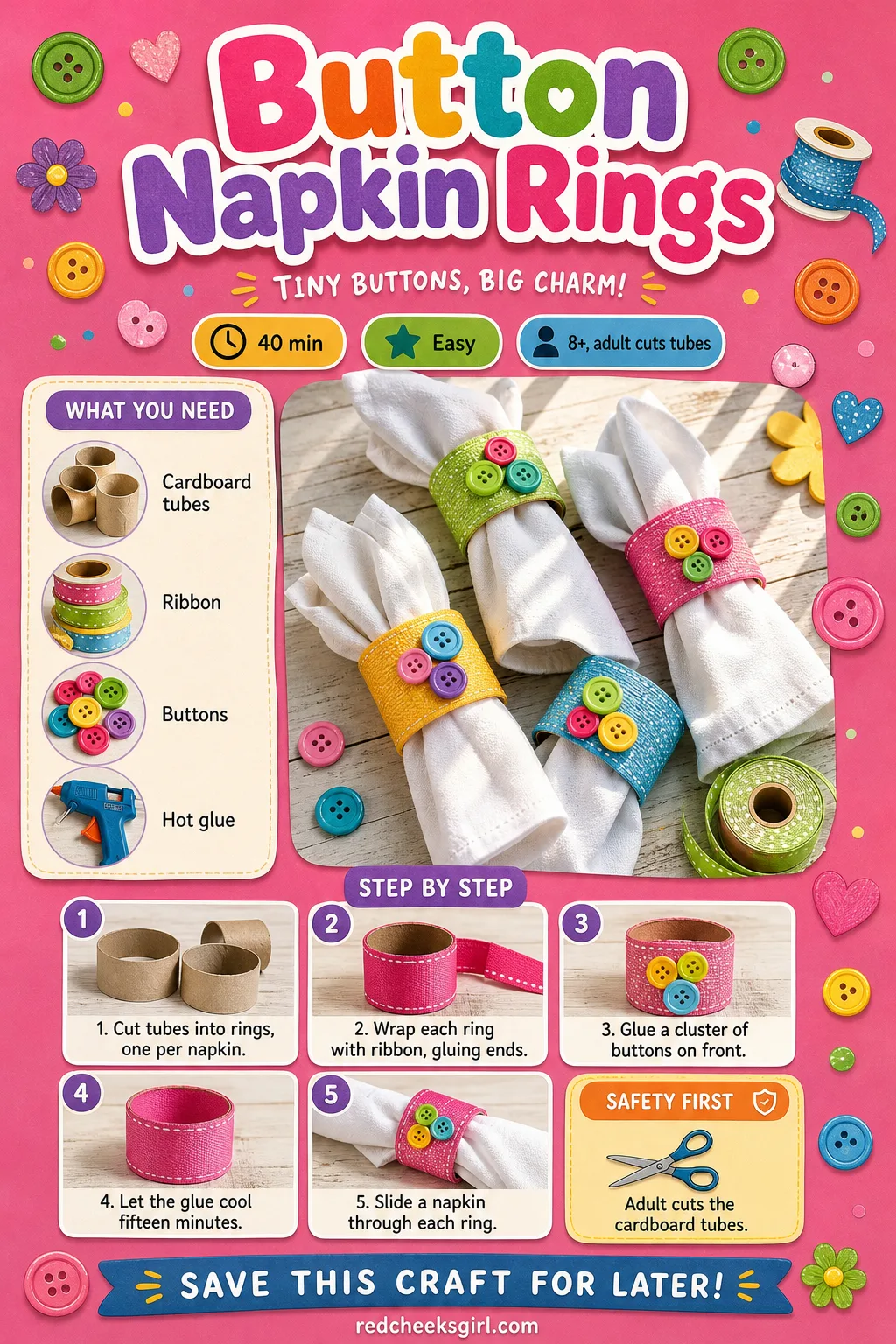 Button Napkin Rings Craft Card printable sheet — Button Napkin Rings printable craft card with photo, materials and steps. Christmas button crafts