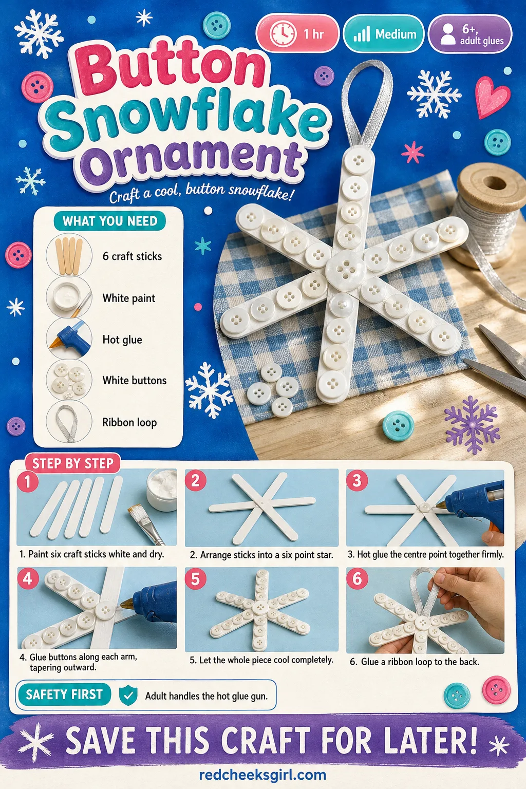 Button Snowflake Ornament Craft Card printable sheet — Button Snowflake Ornament printable craft card with photo, materials and steps. Christmas button crafts