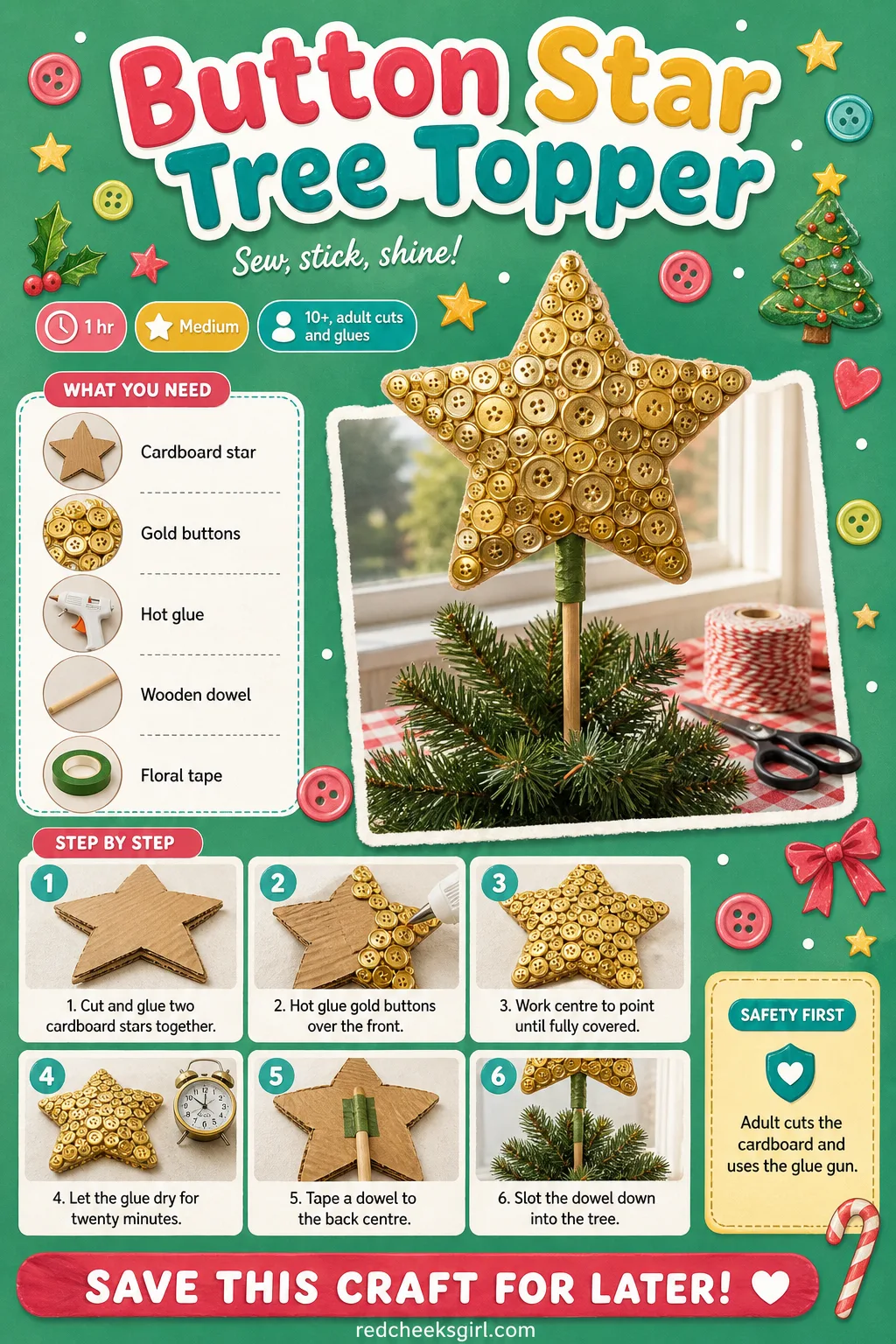 Button Star Tree Topper Craft Card printable sheet — Button Star Tree Topper printable craft card with photo, materials and steps. Christmas button crafts