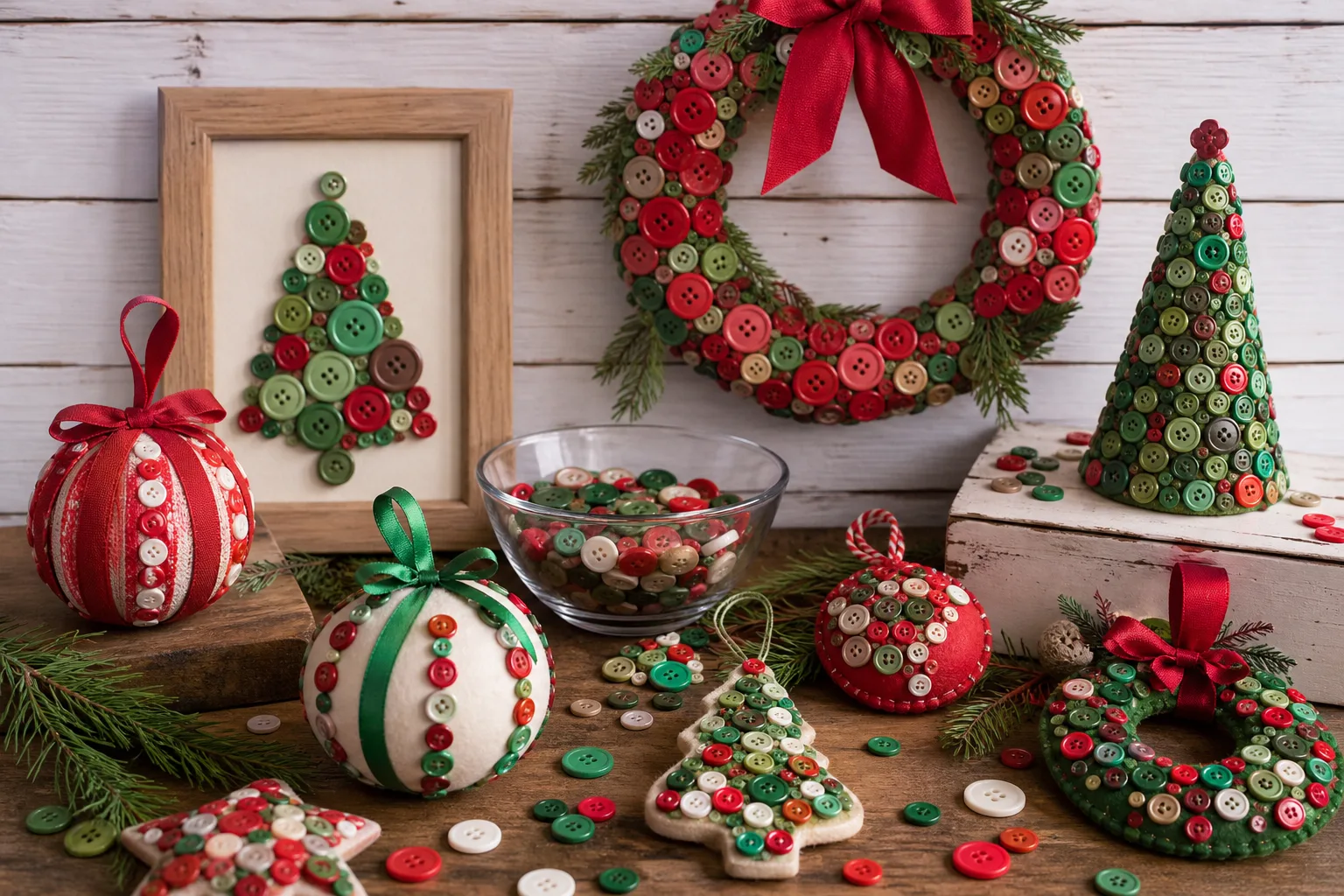 12 Christmas Button Crafts With Button Trees, Wreaths and Colorful Ornaments