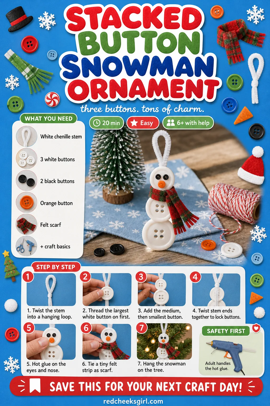 Stacked Button Snowman Ornament Craft Card printable sheet — Stacked Button Snowman Ornament printable craft card with photo, materials and steps. Christmas