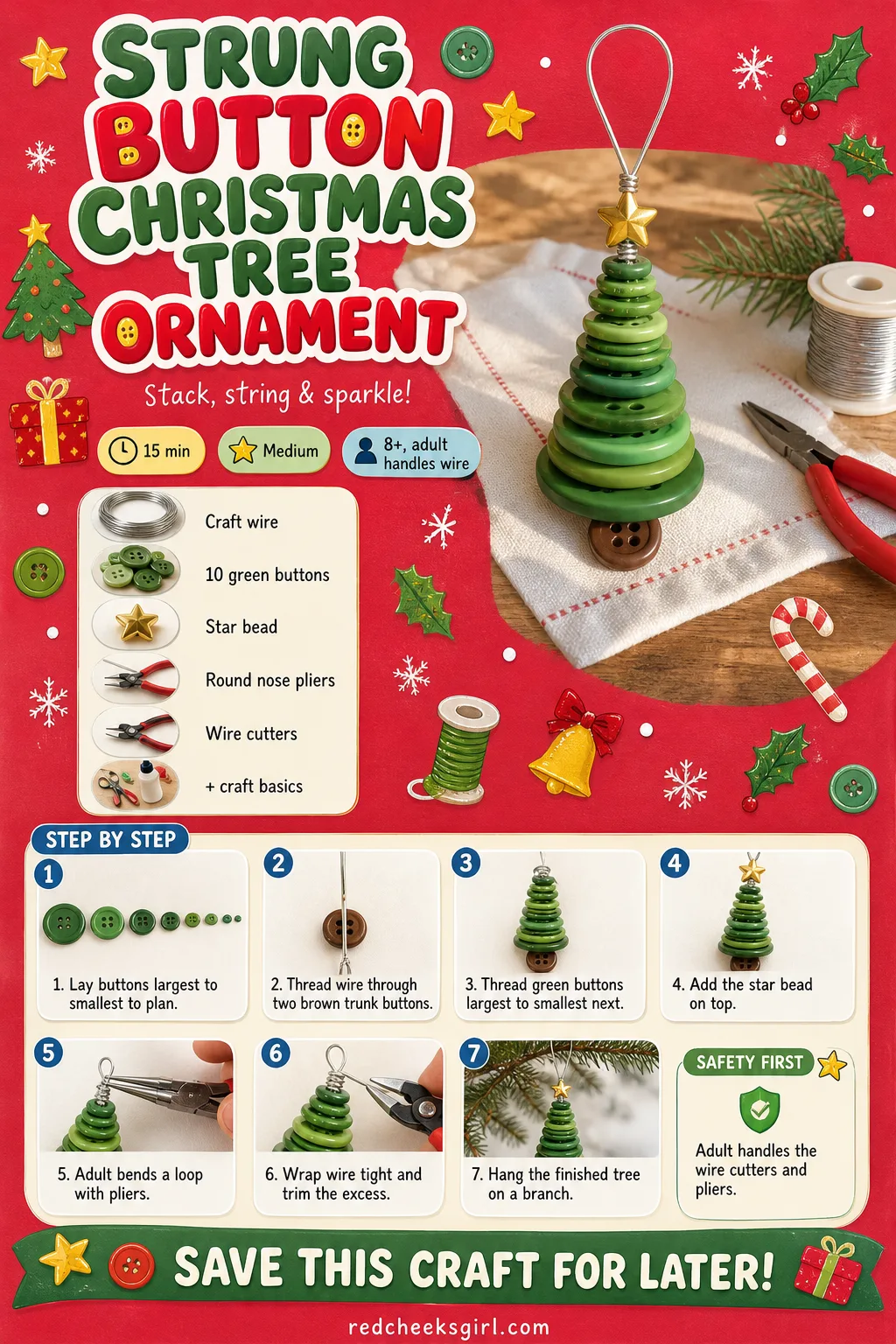 Strung Button Christmas Tree Ornament Craft Card printable sheet — Strung Button Christmas Tree Ornament printable craft card with photo, materials and steps.