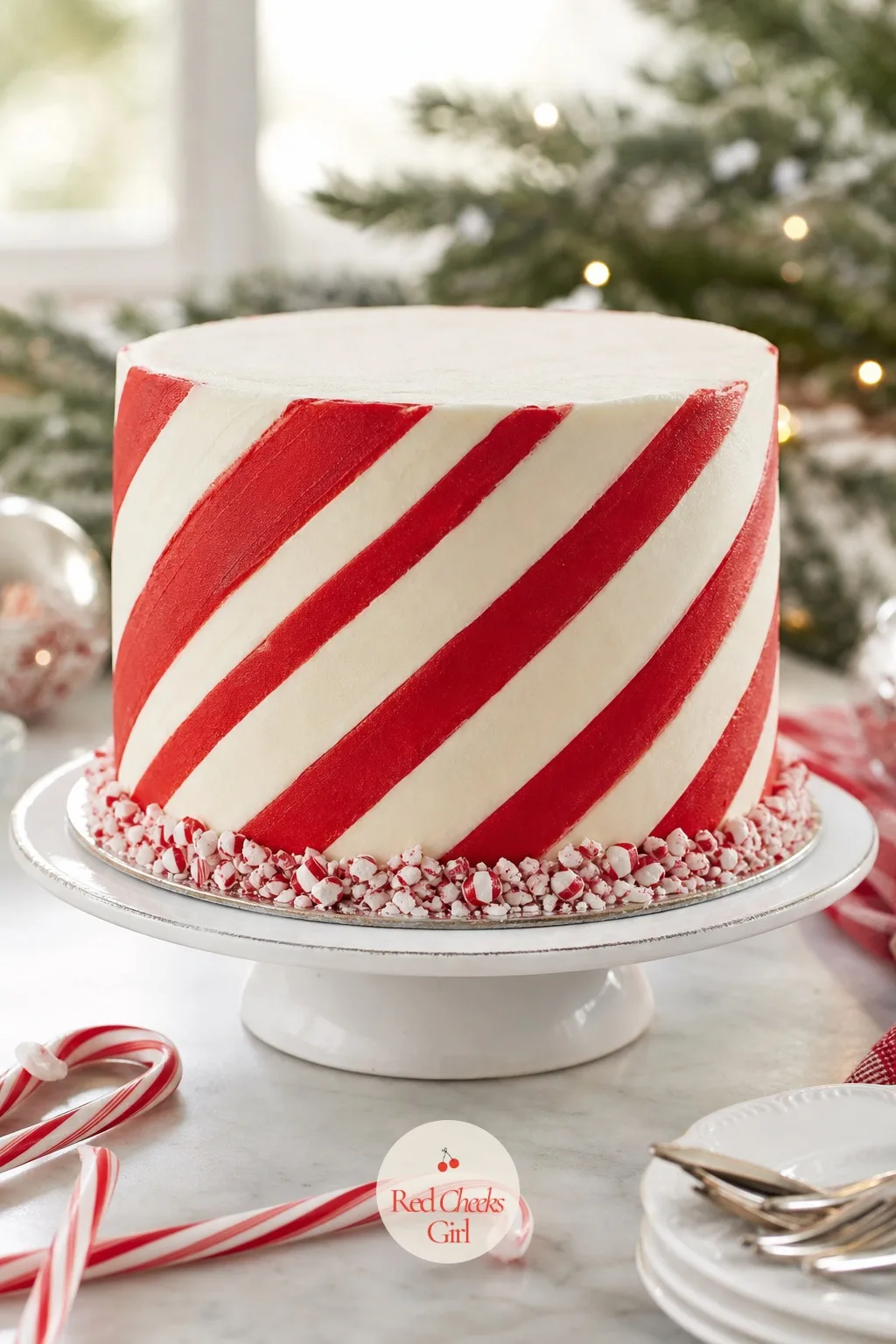 Candy Cane Striped Cake — She wants the cake the kids shout for the second it comes out, the one that needs zero explanation. Christmas cake designs