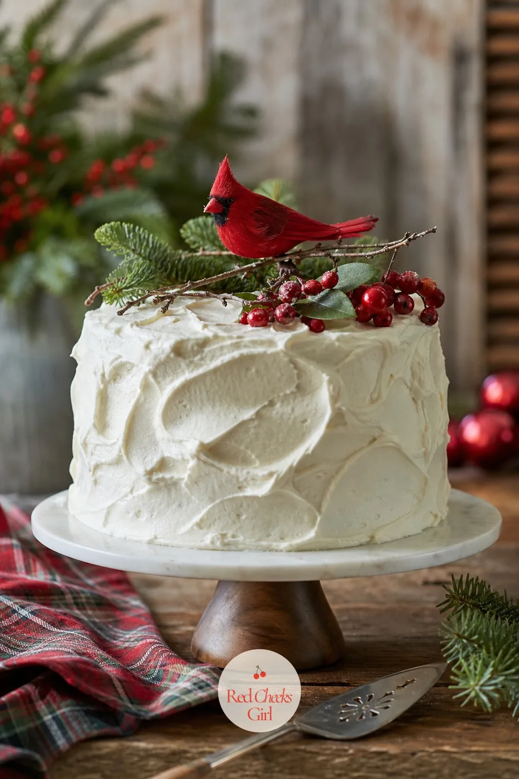 Cardinal and Berries Cake — She wants something that reads as Christmas without tipping into Santa-cute, a little more grown up and a little more woodland.