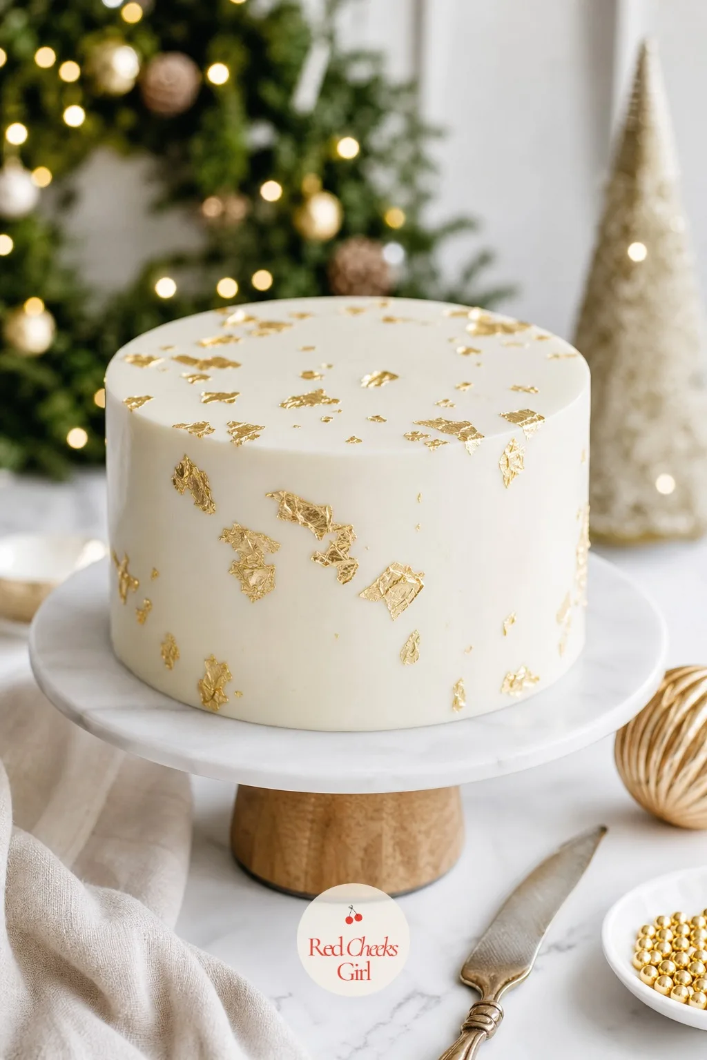 Gold Leaf and White Elegant Cake — Every table needs one cake that looks grown up next to the cocoa mugs and the paper crackers. Christmas cake designs