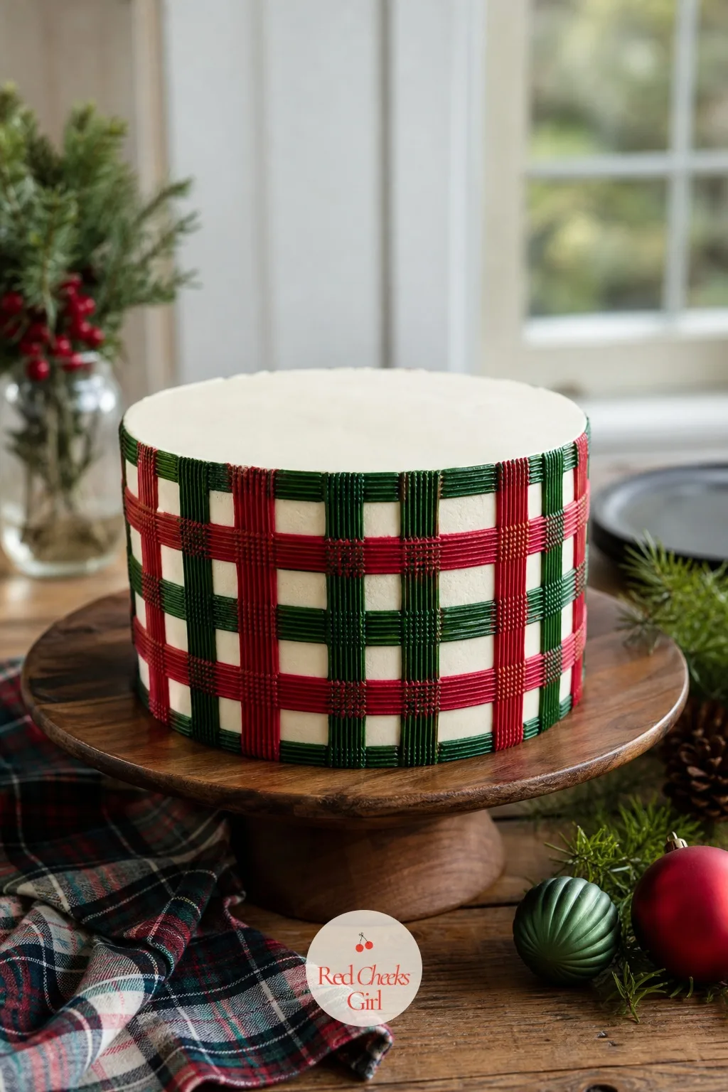 Plaid Buttercream Cake — Plaid sounds like an advanced skill and is really just straight lines dragged with a comb while the buttercream is still soft.