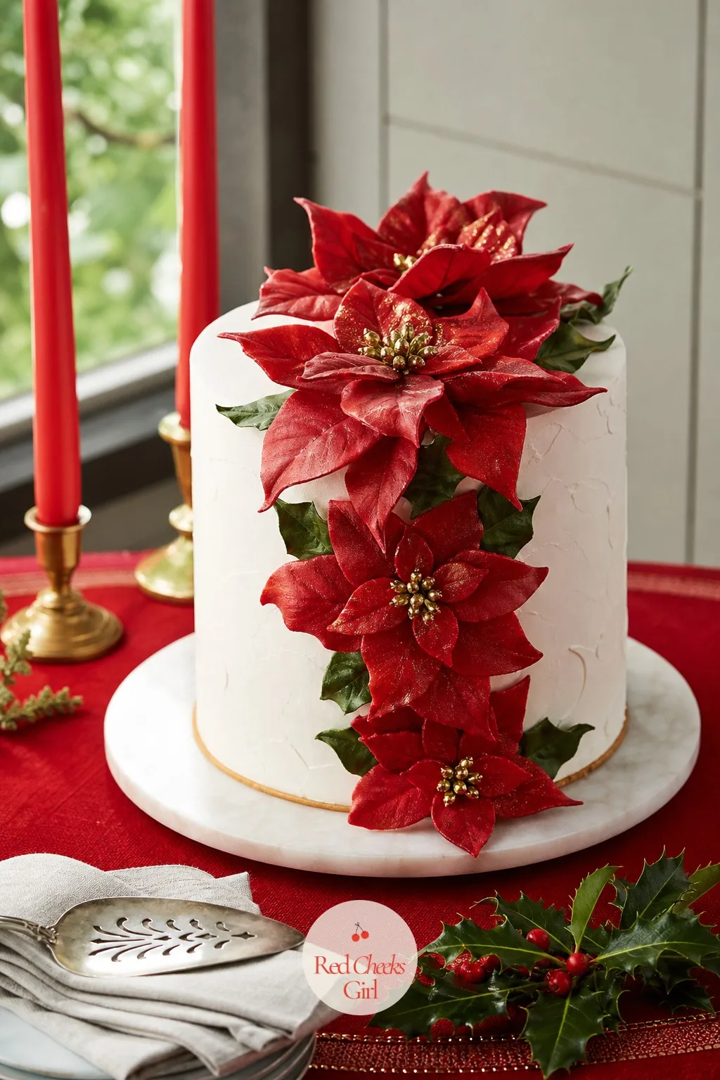 Poinsettia Floral Cake — She does not do flowers, not the piped kind anyway, and this one does not actually ask her to be a florist. Christmas cake designs