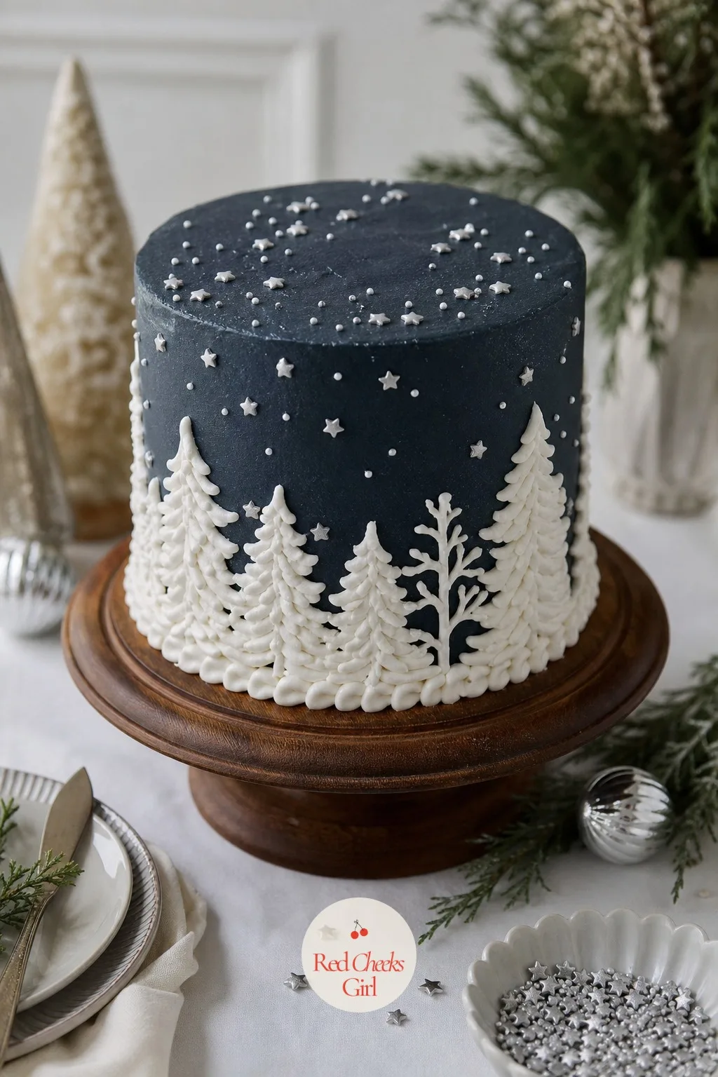 Snowy Pine Forest Cake — She wants something with a bit of drama, almost moody, the opposite of cute and bright. Christmas cake designs