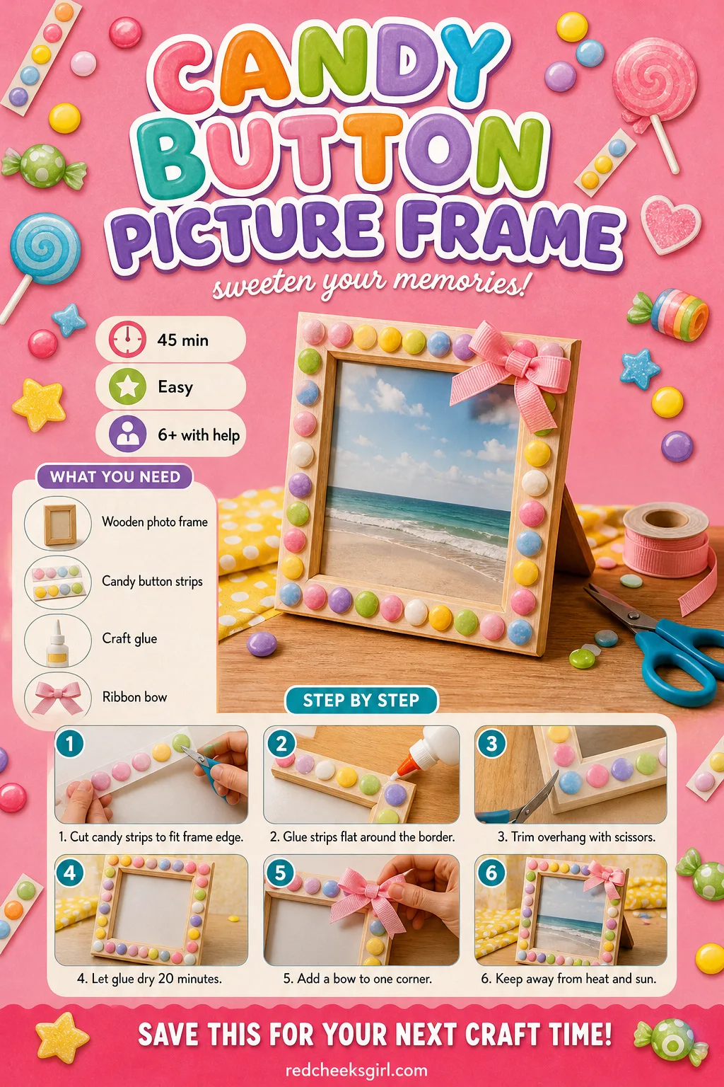 Candy Button Picture Frame Craft Card printable sheet — Printable card with finished frame photo, materials and 6-step method. Christmas candy crafts