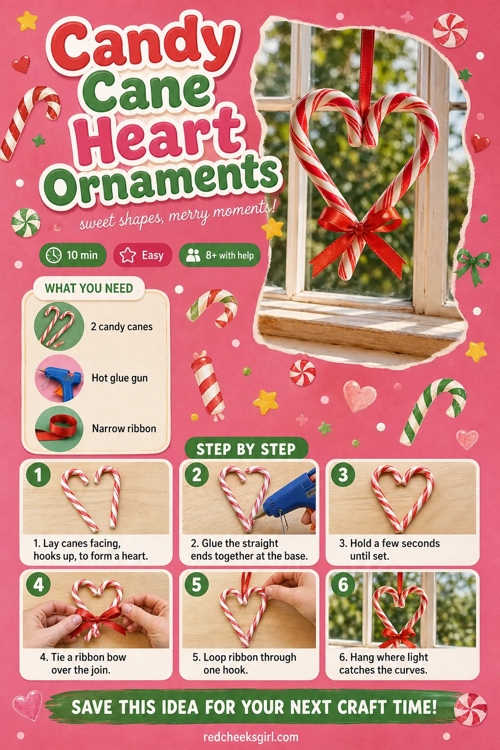 Candy Cane Heart Ornaments Craft Card printable sheet — Printable card with finished heart ornament photo, materials and 6-step method. Christmas candy crafts