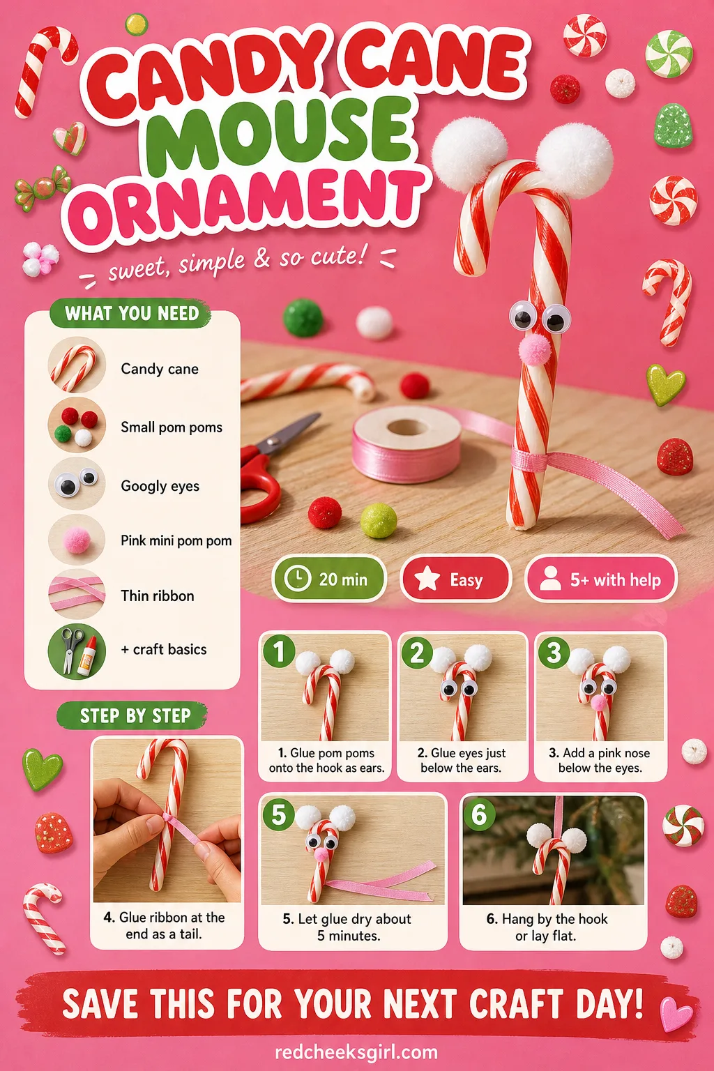 Candy Cane Mouse Ornament Craft Card printable sheet — Printable card with finished mouse ornament photo, materials and 6-step method. Christmas candy crafts