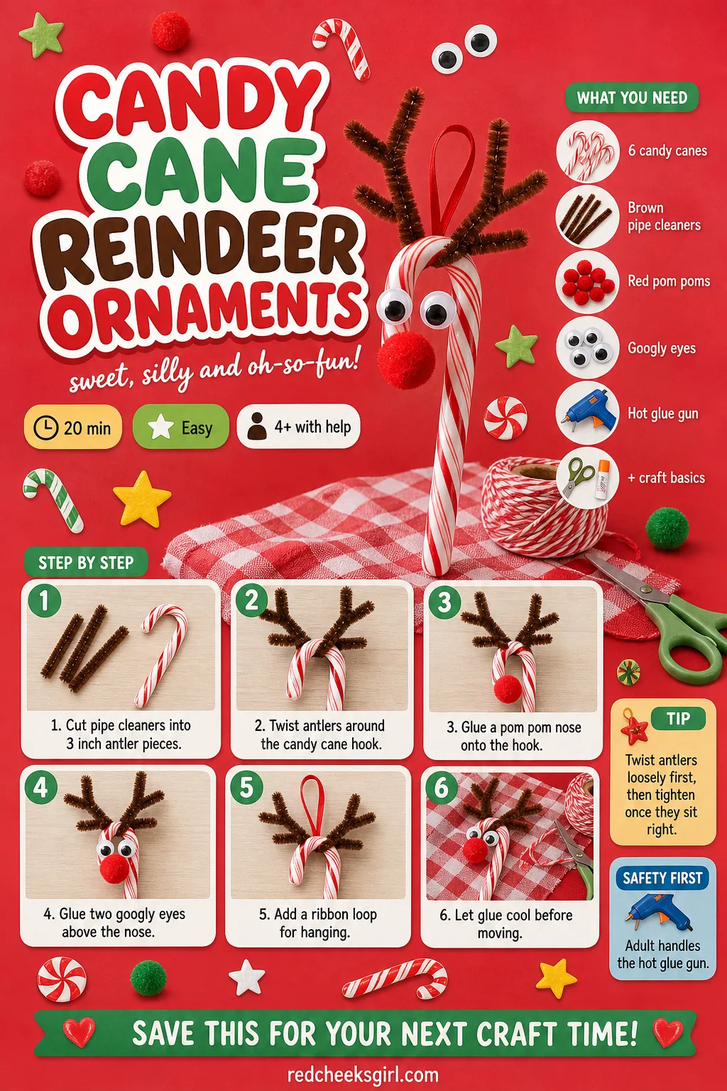 Candy Cane Reindeer Ornaments Craft Card printable sheet — Printable card with finished reindeer photo, materials and 6-step method. Christmas candy crafts