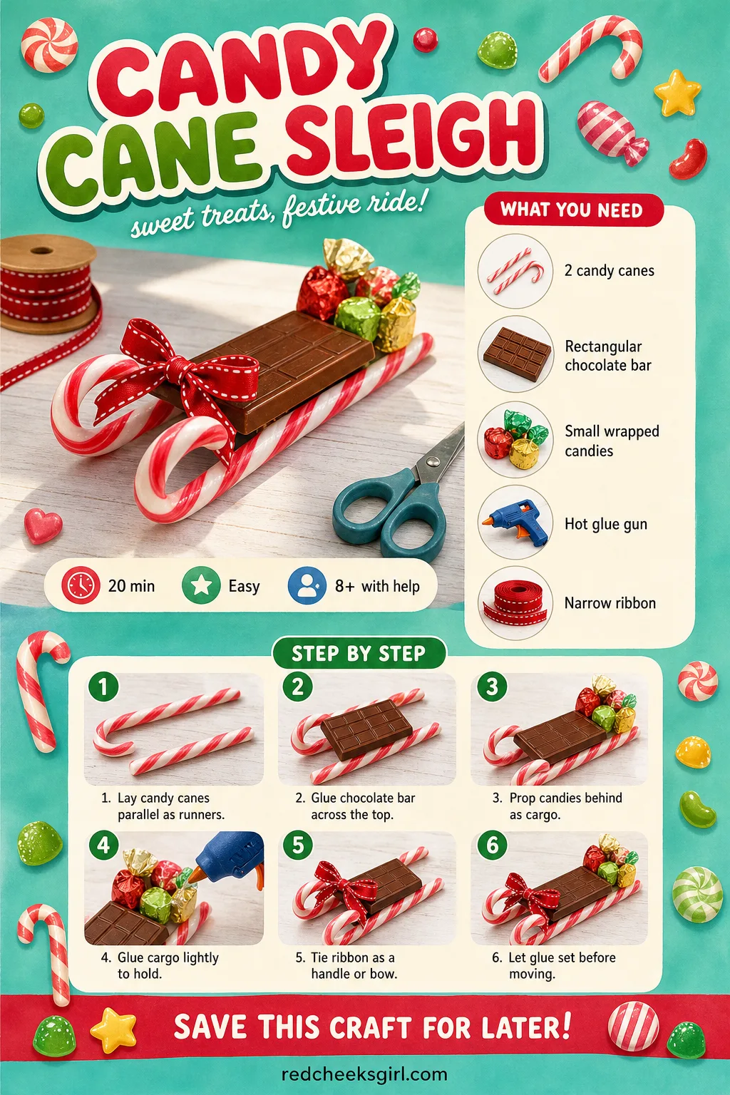 Candy Cane Sleigh Craft Card printable sheet — Printable card with finished sleigh photo, materials and 6-step method. Christmas candy crafts