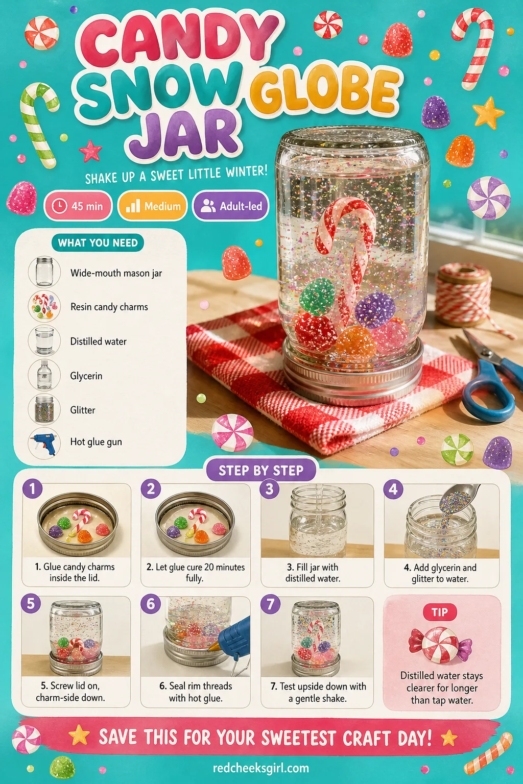 Candy Snow Globe Jar Craft Card printable sheet — Printable card with finished snow globe jar photo, materials and 7-step method. Christmas candy crafts