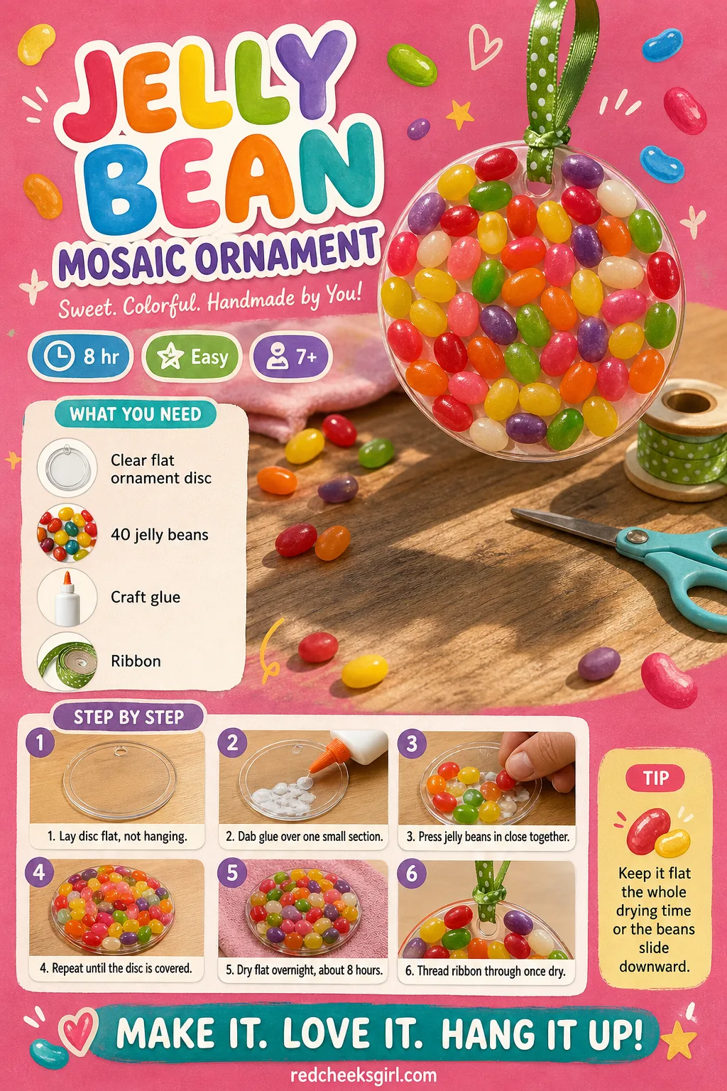 Jelly Bean Mosaic Ornament Craft Card printable sheet — Printable card with finished ornament photo, materials and 6-step method. Christmas candy crafts