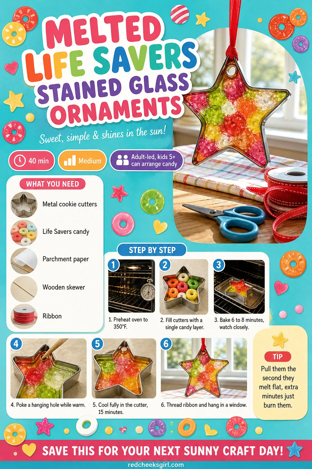 Melted Life Savers Stained Glass Ornaments Craft Card printable sheet — Printable card with finished stained glass ornament photo, materials and 6-step method.