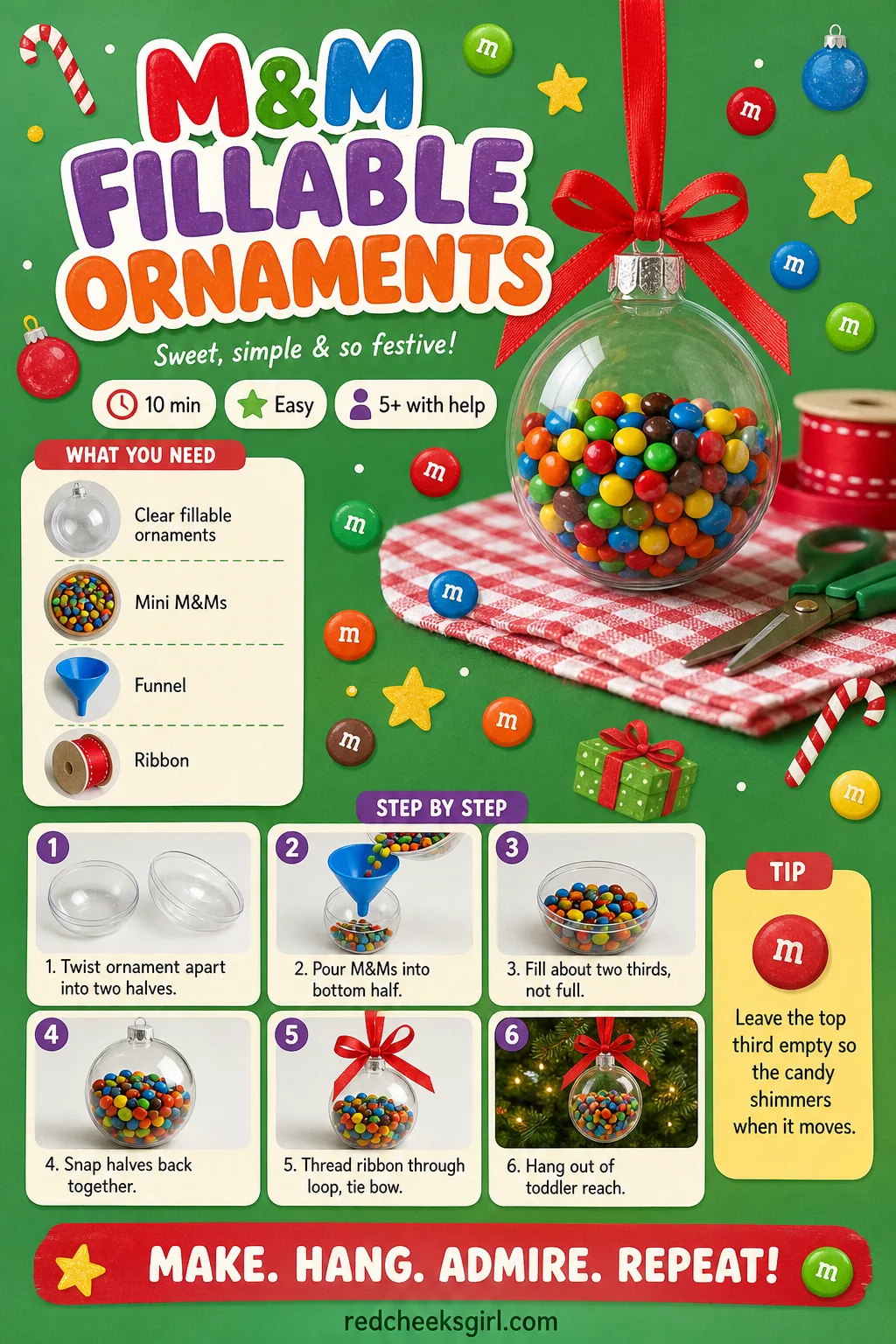 M&M Fillable Ornaments Craft Card printable sheet — Printable card with finished ornament photo, materials and 6-step method. Christmas candy crafts
