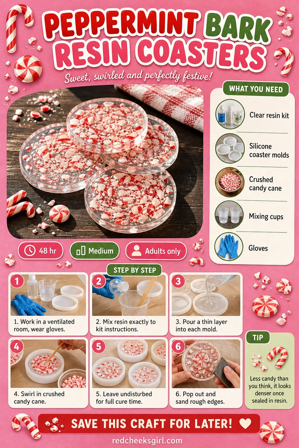 Peppermint Bark Resin Coasters Craft Card printable sheet — Printable card with finished coaster photo, materials and 6-step method. Christmas candy crafts