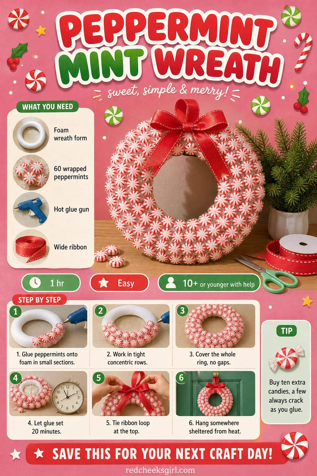 Peppermint Mint Wreath Craft Card printable sheet — Printable card with finished wreath photo, materials and 6-step method. Christmas candy crafts