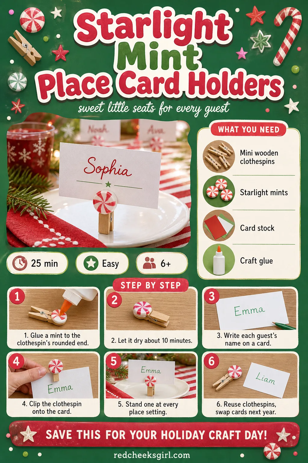 Starlight Mint Place Card Holders Craft Card printable sheet — Printable card with finished place card photo, materials and 6-step method. Christmas candy
