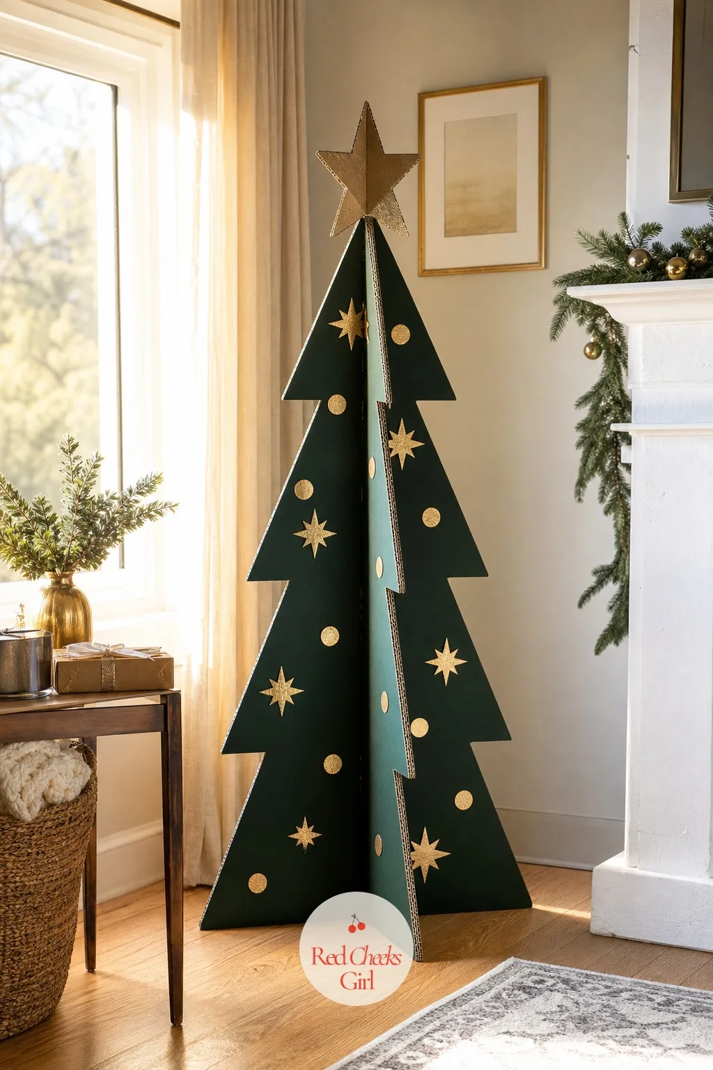 The Floor-Standing Cardboard Tree — A real tree sheds needles into the rug for weeks after it stops looking fresh. Christmas cardboard crafts