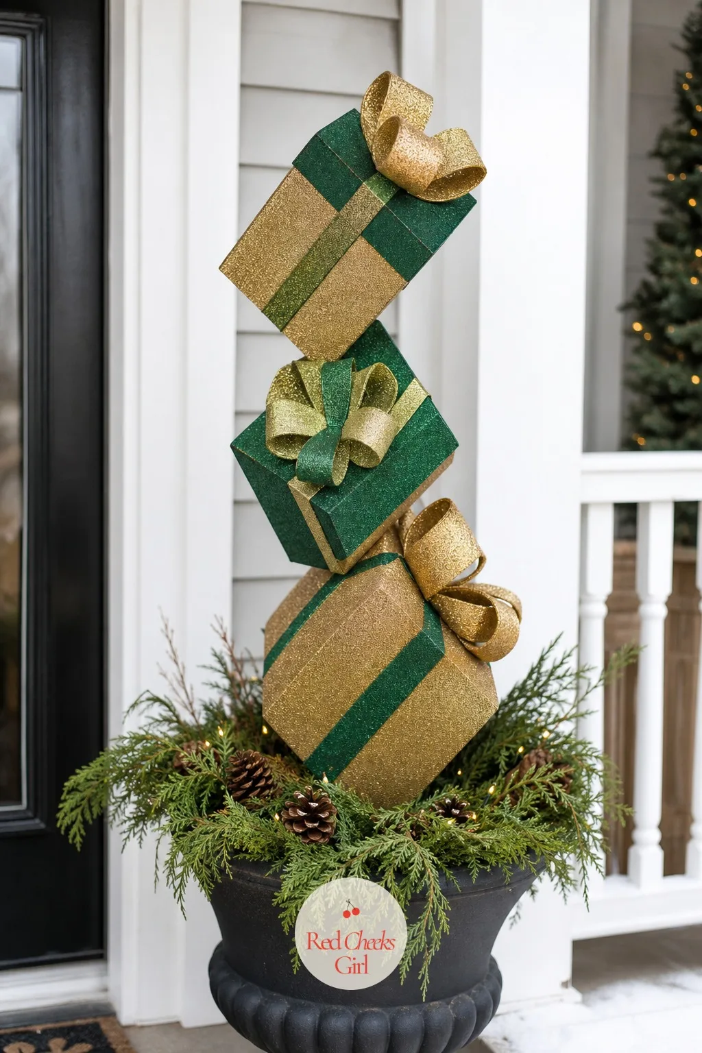 The Oversized Gift Box Stack — The spot by the porch steps or under the window looks a little empty once the real presents are wrapped and hidden away out of