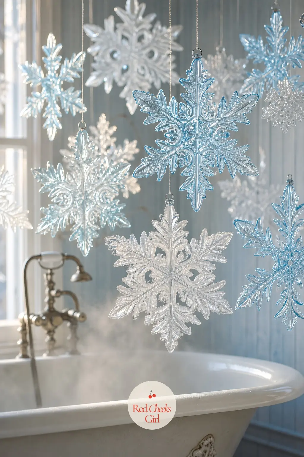 A Cluster of Frosted Glass Snowflake Ornaments Suspended Above the Clawfoot Tub — Hang a dozen frosted ice-blue and white glass snowflakes at different depths