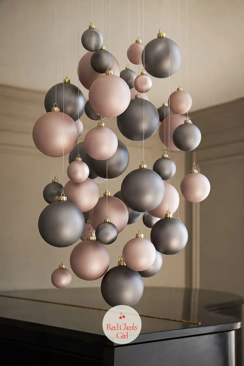 A Floating Cluster of Graduated Ornaments in Smoke Grey and Blush Suspended Above the Piano — Group fifteen matte ornaments in smoke grey and dusty blush at
