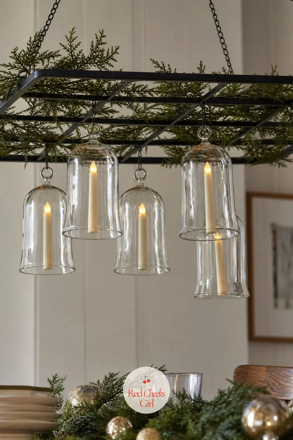 A Grid of Suspended Glass Cloches Each Framing a Single Flameless Candle Above the Table — Hang six small glass cloches from a taut grid of black wire, each