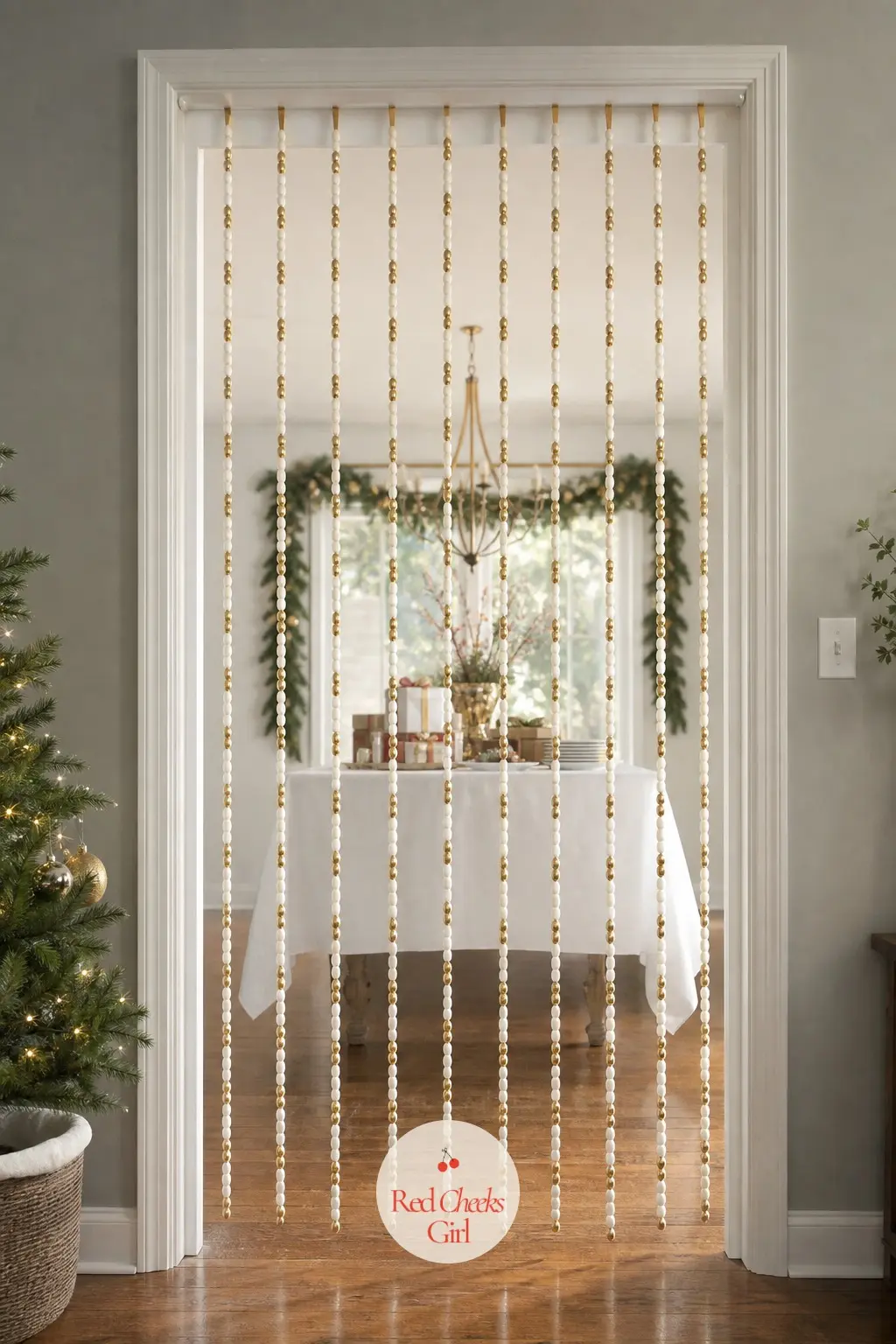 A Last-Minute Curtain of Painted Wooden Beads on Ribbon Hung in the Doorway for One Night — Thread painted white and gold wooden beads onto lengths of ribbon
