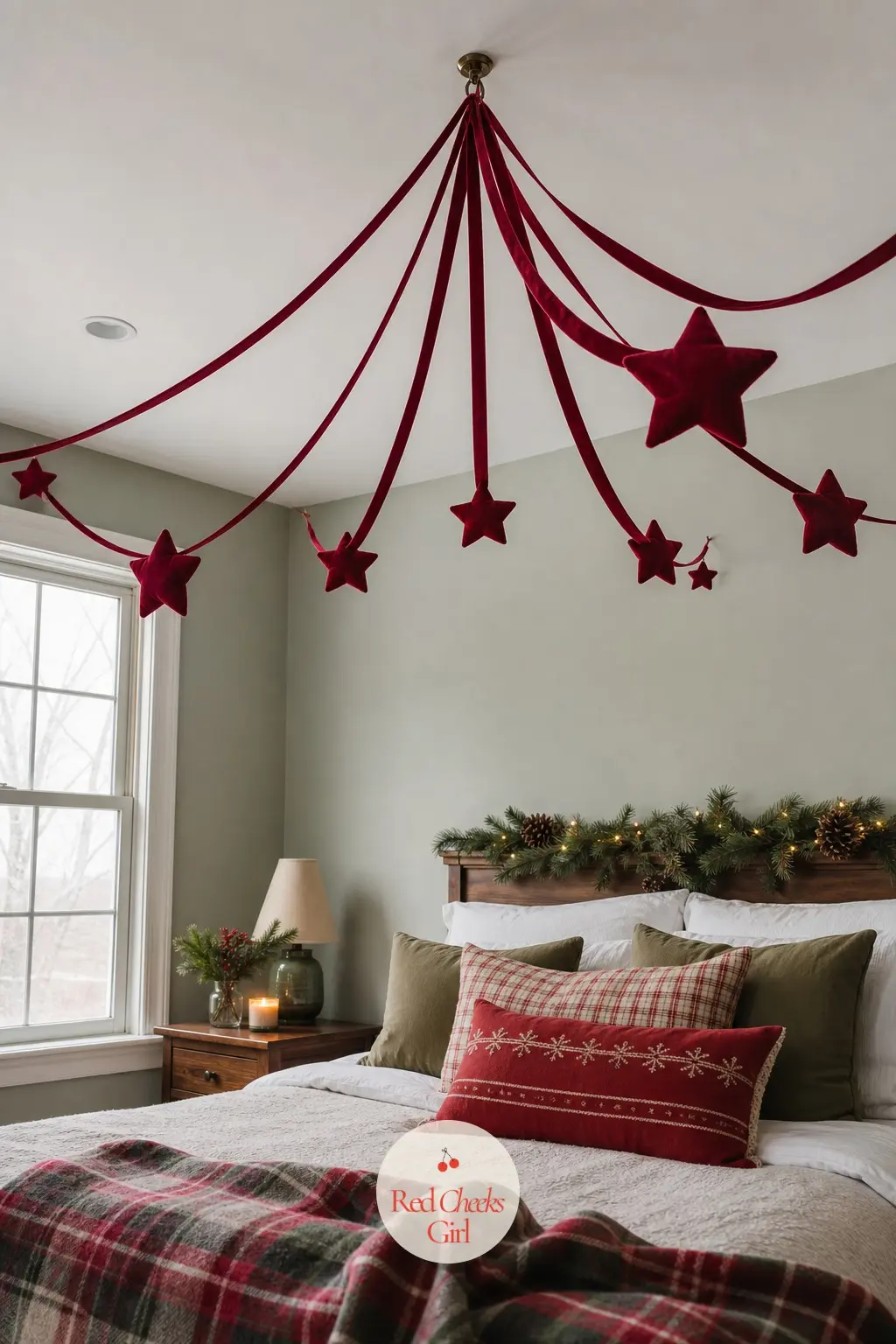 A Trail of Velvet Ribbon Stars Drifting Above the Bed, Anchored to a Single Ceiling Hook — Cut six-point stars from stiff deep red velvet ribbon, stiffen the