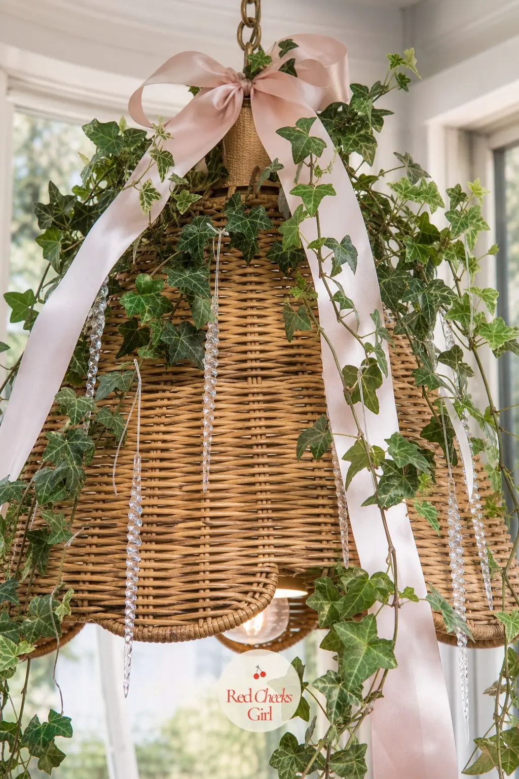 Blush Ribbon and Trailing Ivy Rattan Pendant — A woven rattan pendant in a sunroom already looks half dressed for Christmas, so trailing ivy threaded with