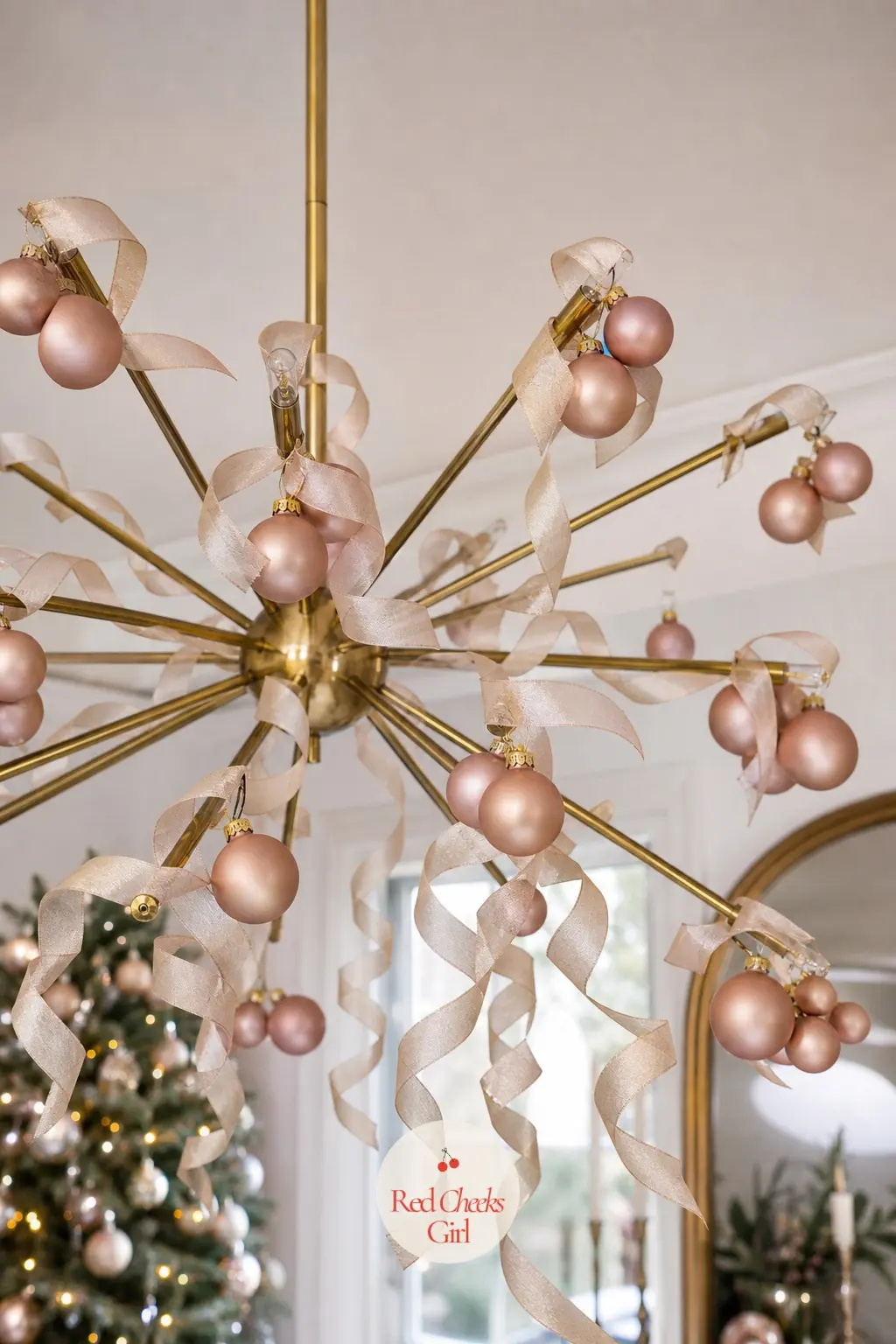Champagne Ribbon Spiral Sputnik Chandelier — A sputnik chandelier already has its own geometry, so champagne ribbon spiralled down each arm follows the shape