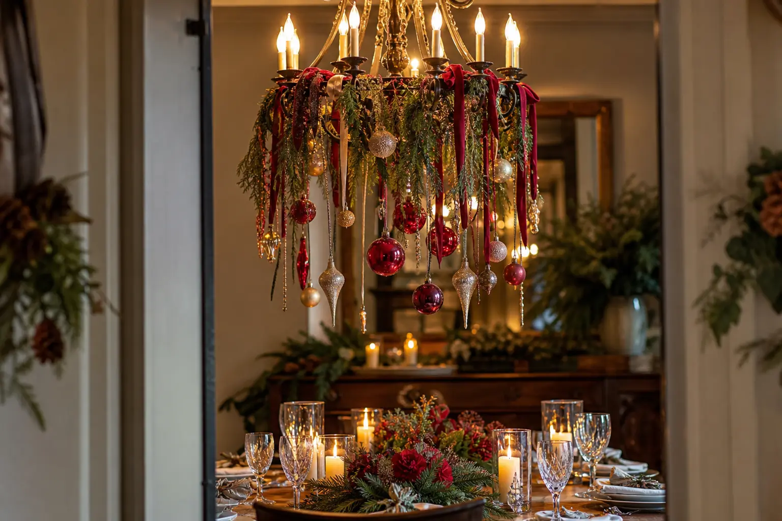 10 Christmas Chandelier Decor Ideas With Hanging Ornaments, Ribbon and Greenery