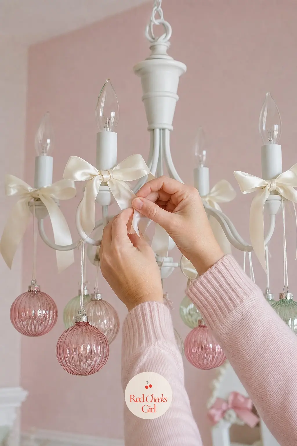 Pastel Bauble and Ivory Bow Mini Chandelier — A small mini chandelier in a child's bedroom takes pastel pink and mint glass baubles better than anything jewel