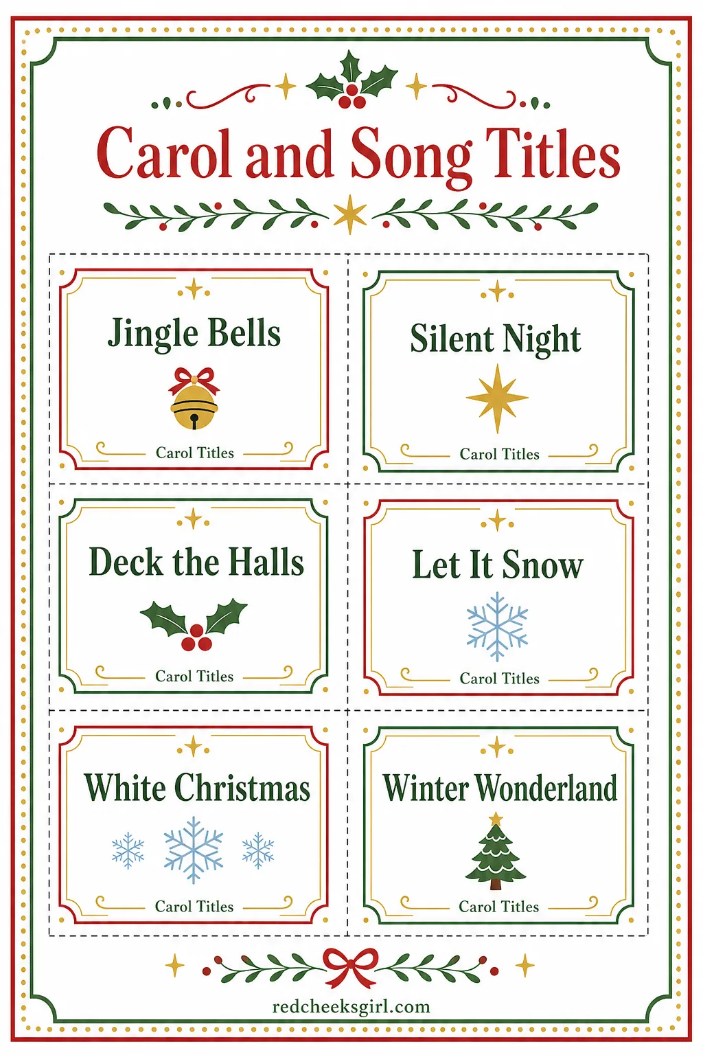 Carol and Song Titles Cards (Sheet 1) printable sheet. Christmas charades printable free