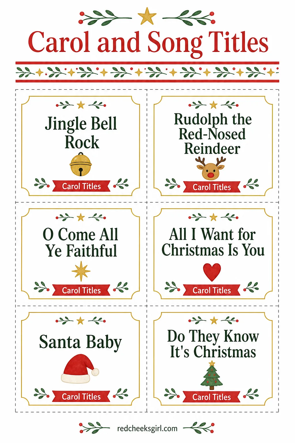 Carol and Song Titles Cards (Sheet 2) printable sheet. Christmas charades printable free